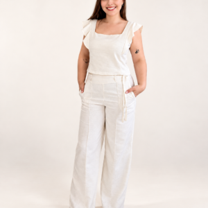 Conjunto blusa cropped e calça pantalona linho